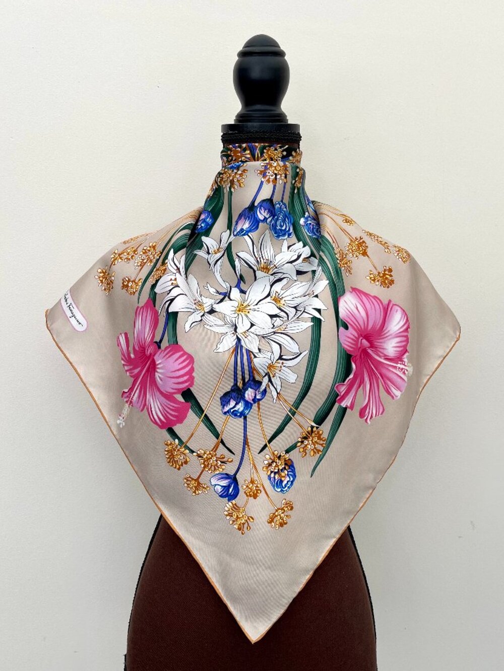 Display #4 Salvatore Ferragamo Pink Floral Silk Scarf with Gold Accents - Picture 2 of 12